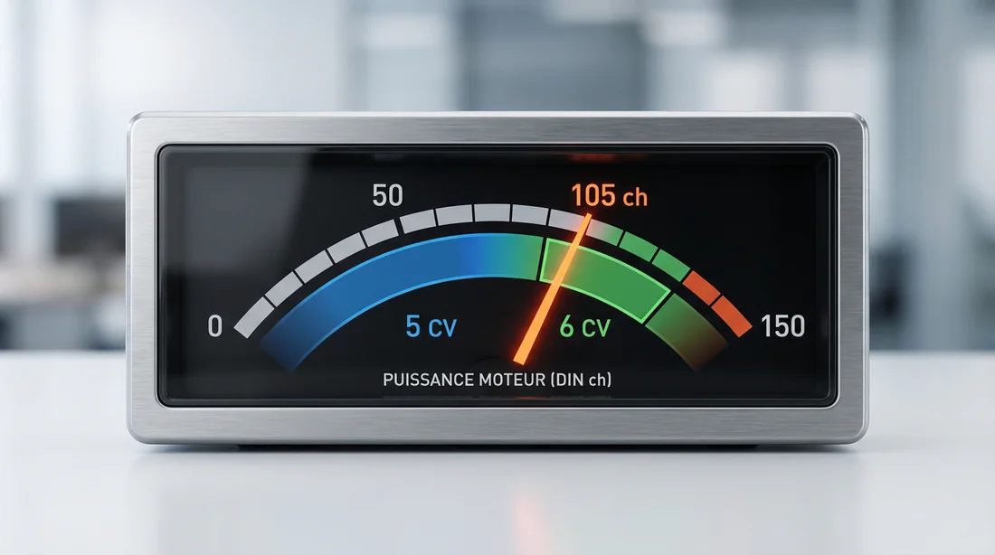 Jauge de conversion entre chevaux DIN (105 ch) et chevaux fiscaux (5-6 CV).