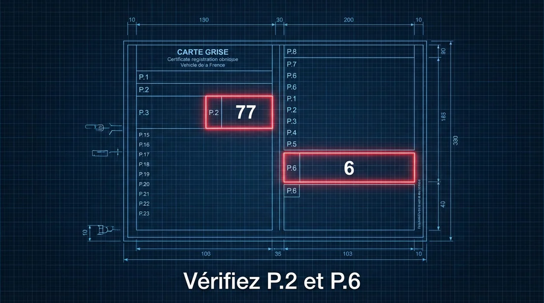 Zoom sur les cases P.2 et P.6 d'une carte grise pour vérifier la puissance administrative.