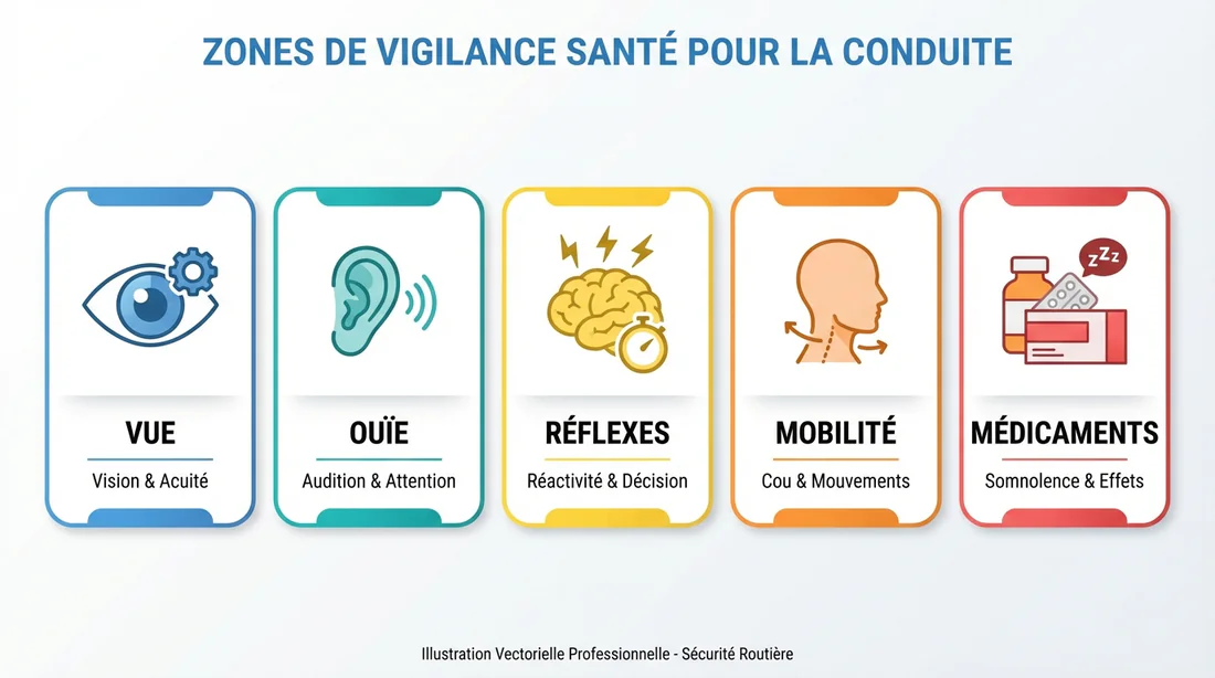 Illustration vectorielle des 5 signes de vigilance médicale pour la conduite des seniors.