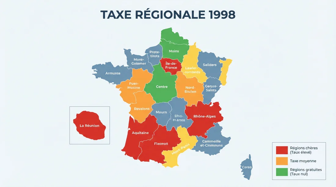 Carte des disparités de la taxe régionale du permis de conduire en France en 1998.