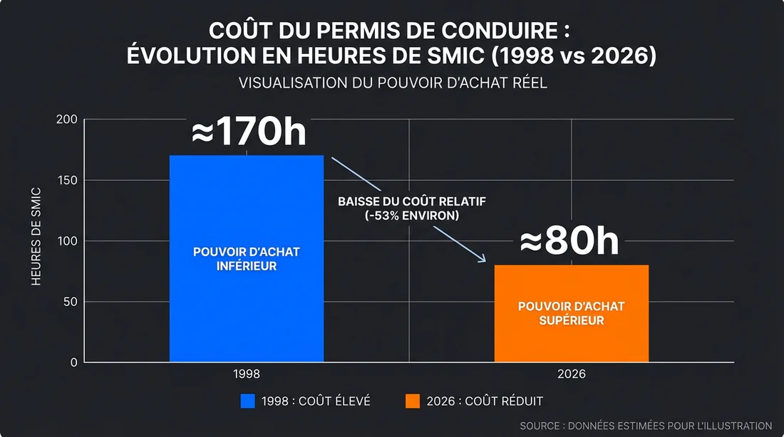 Graphique comparatif du coût du permis en heures de SMIC entre 1998 et 2026.