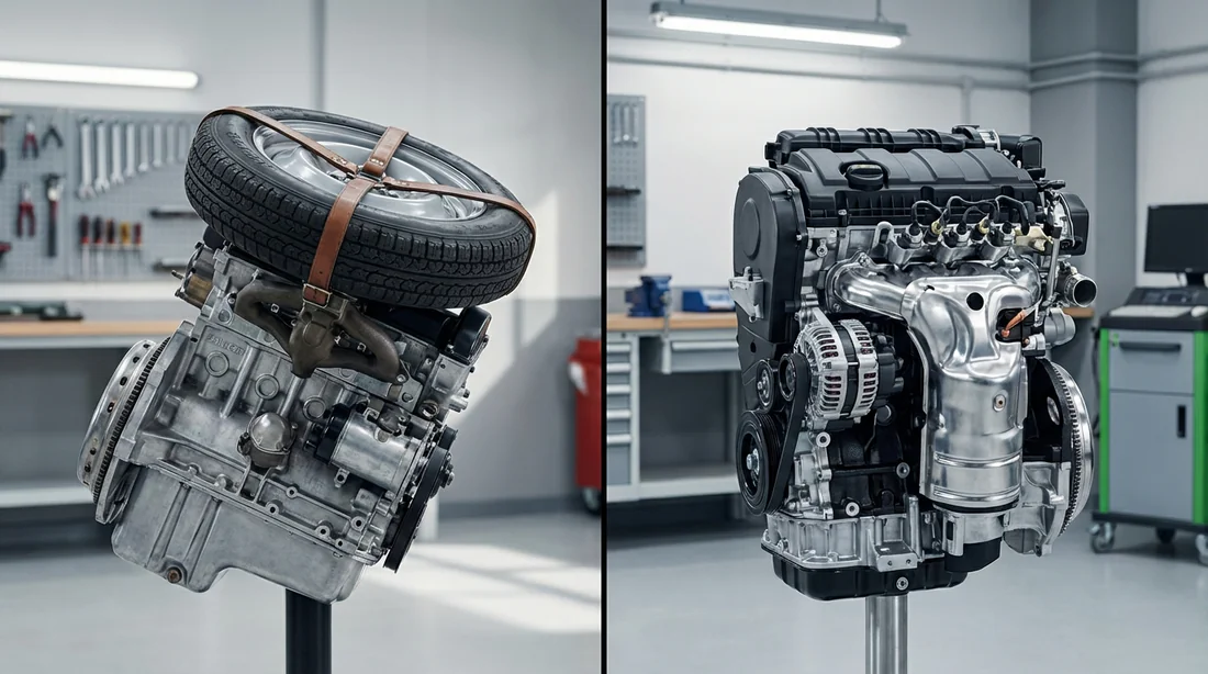 Comparaison entre le moteur XY incliné et le moteur TU vertical d'une Peugeot 205.