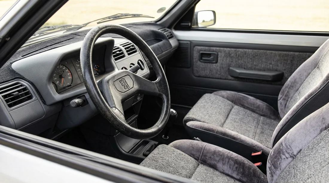 Habitacle de la Peugeot 205 SR avec son volant deux branches et ses sièges en velours tweed.