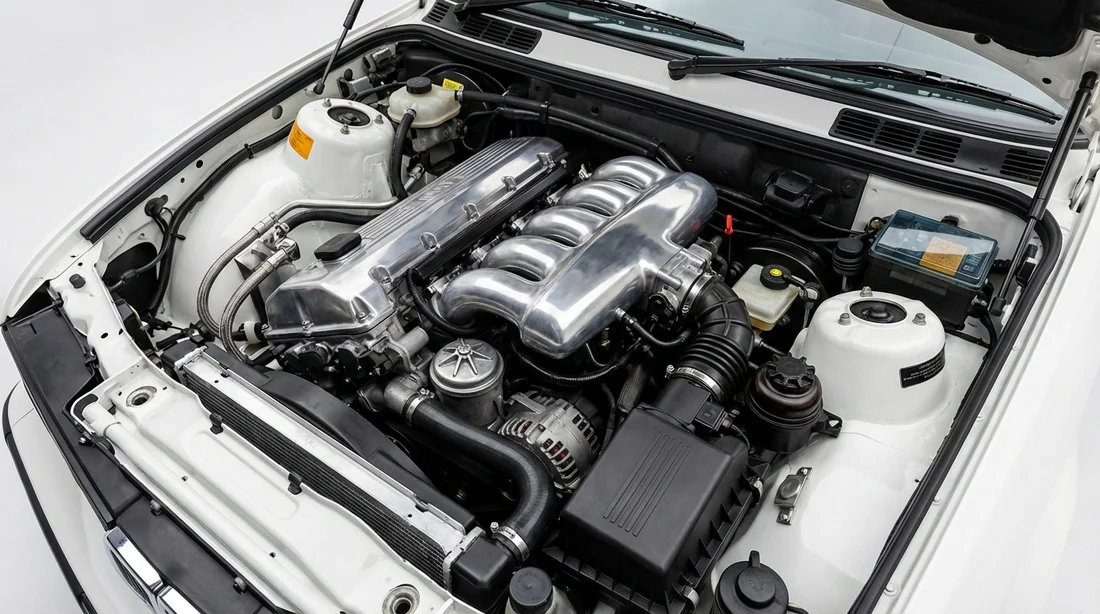 Compartiment moteur d'une BMW 325tds avec le bloc 6 cylindres M51 et collecteur en aluminium.
