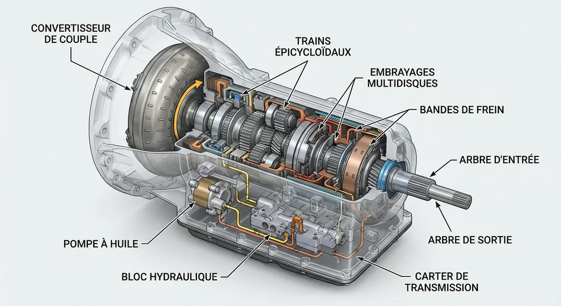 Schéma technique des composants internes d'une boîte automatique AL4.