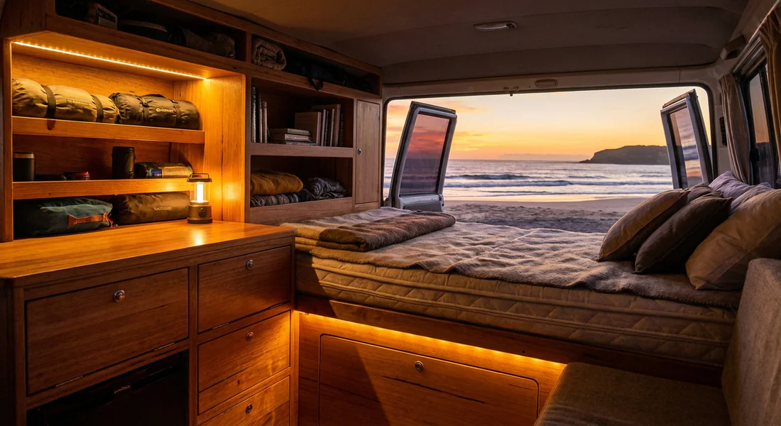 Aménagement intérieur d'un Toyota Land Cruiser Troopy pour le bivouac