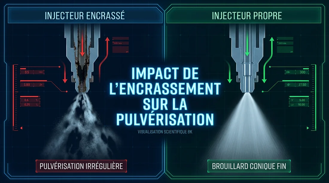 Schéma technique comparant un injecteur encrassé et un injecteur propre.