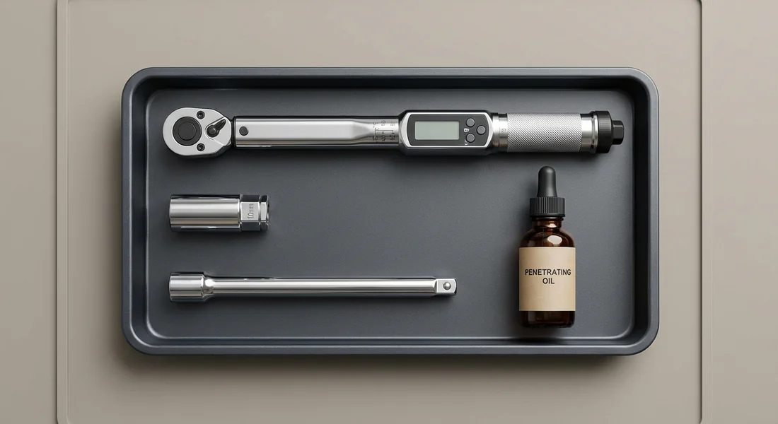 Outils indispensables : clé dynamométrique, douille longue et dégrippant