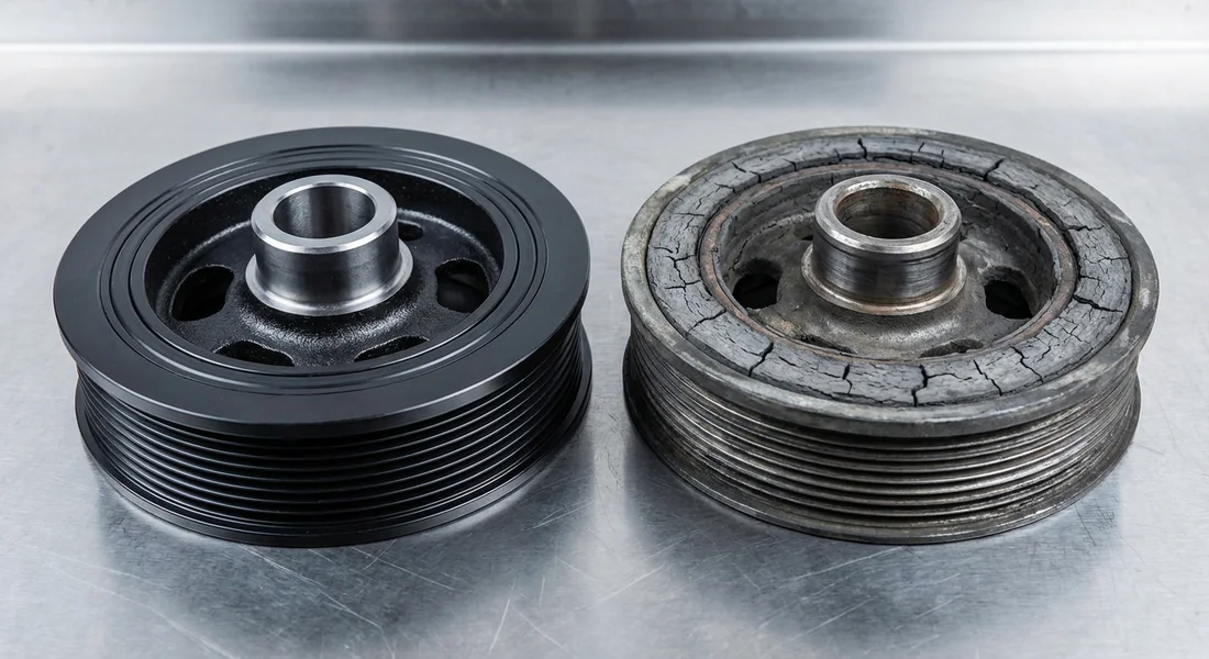 Comparaison entre une poulie damper neuve et une poulie usée présentant des fissures.