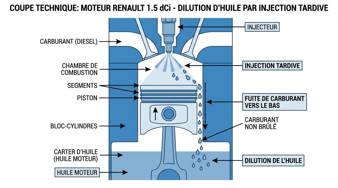 Schéma technique de la dilution d'huile moteur par le gasoil sur Renault 1.5 dCi.