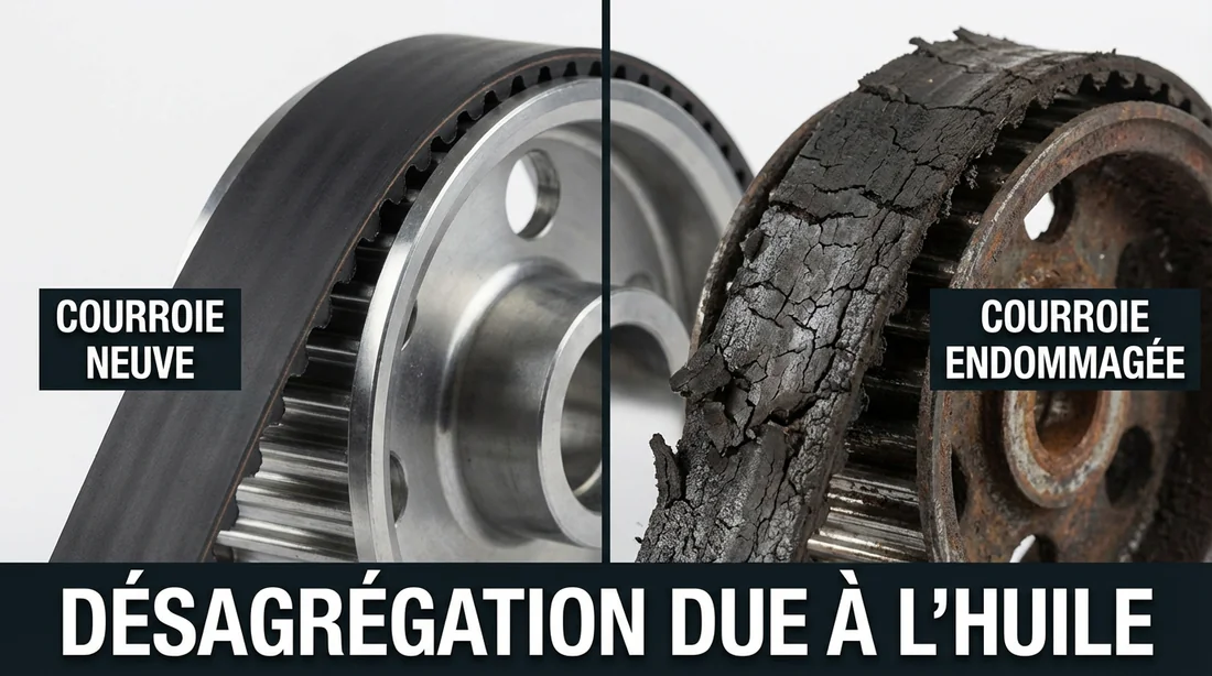 Comparaison entre une courroie de distribution neuve et une courroie PureTech désagrégée par l'huile.