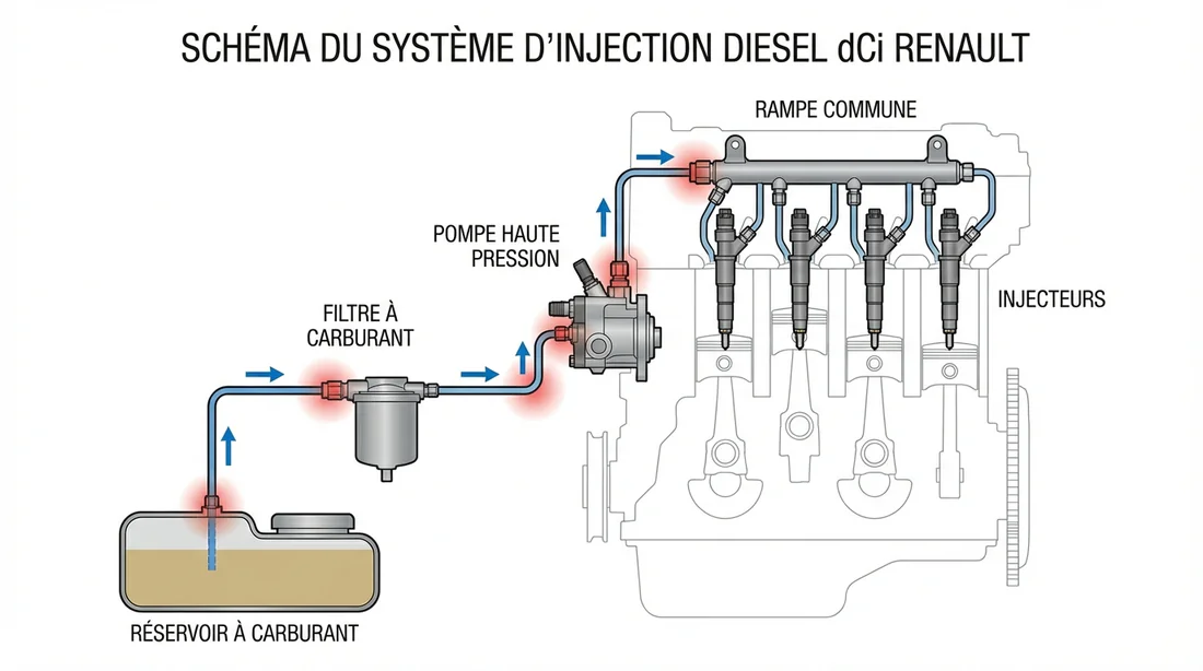 Schéma technique du circuit de carburant dCi avec points de prises d'air.