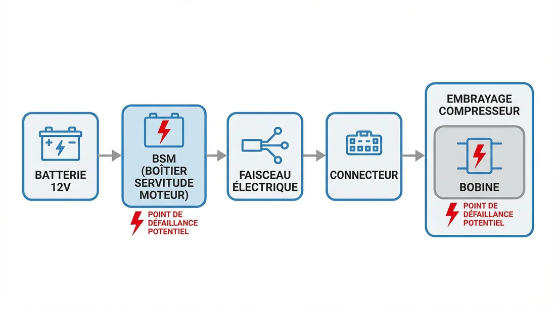 Schéma électrique du circuit de commande de climatisation Peugeot montrant le trajet du courant.