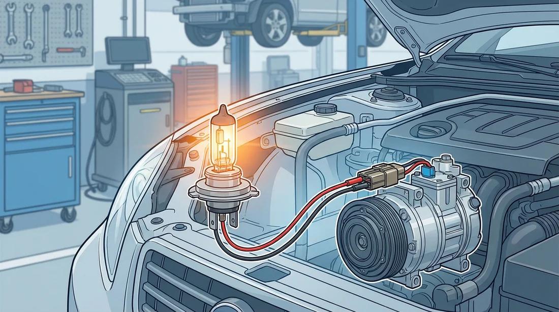 Test de l'ampoule H7 sur le circuit de commande du compresseur Peugeot.