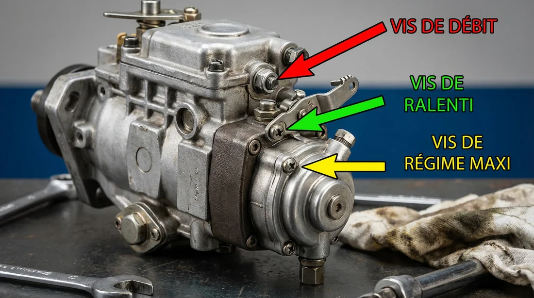 Identification visuelle des vis de débit, ralenti et régime max sur une pompe Bosch VE