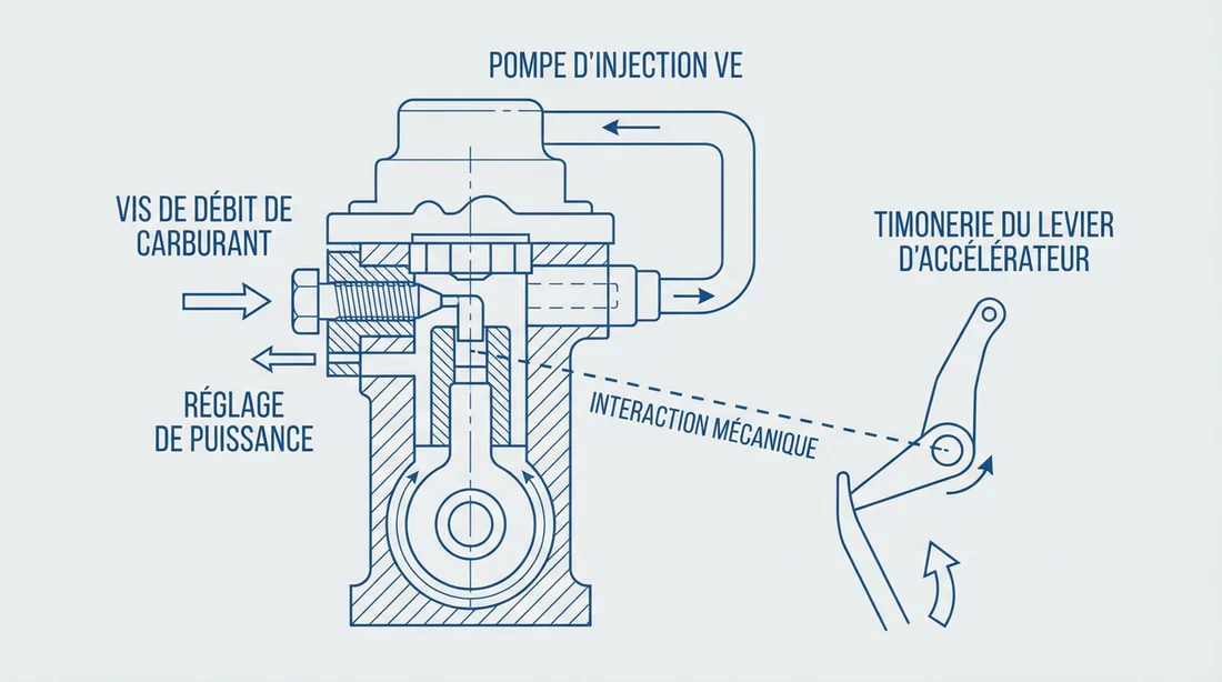 Schéma de l'interaction entre la vis de débit et le levier d'accélérateur