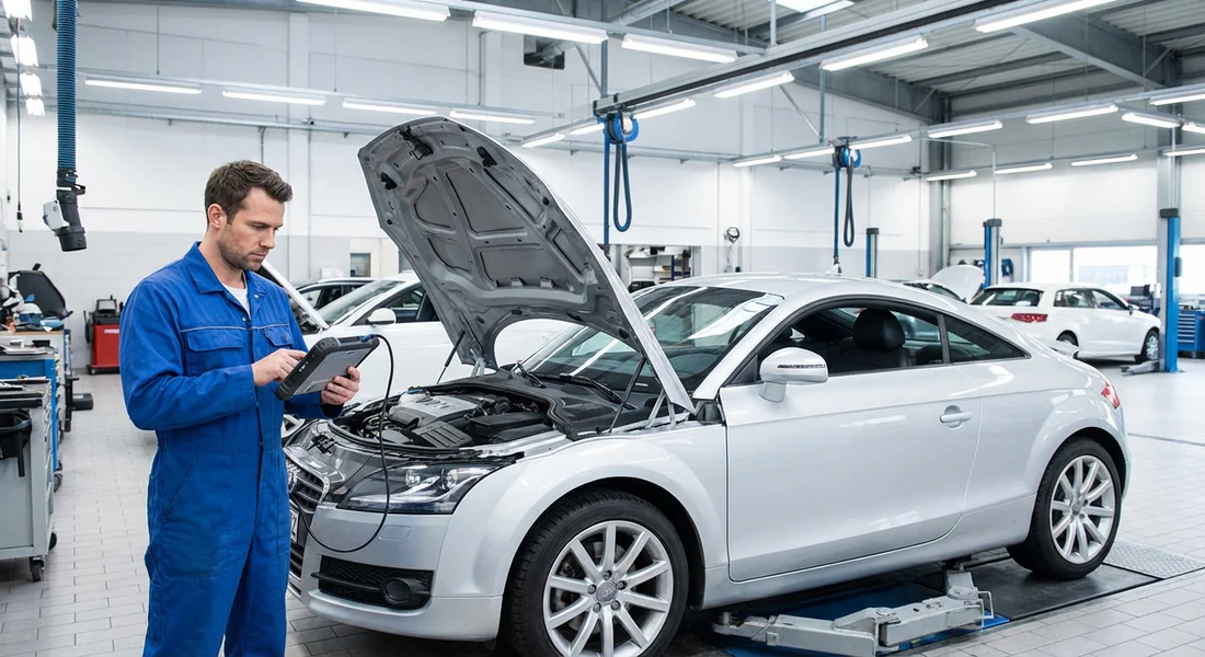 Mécanicien inspectant une Audi TT 3.2 V6 d'occasion