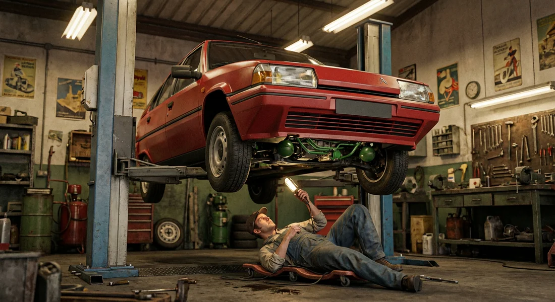 Entretien d'une Citroën BX 14 sur un pont élévateur dans un garage.