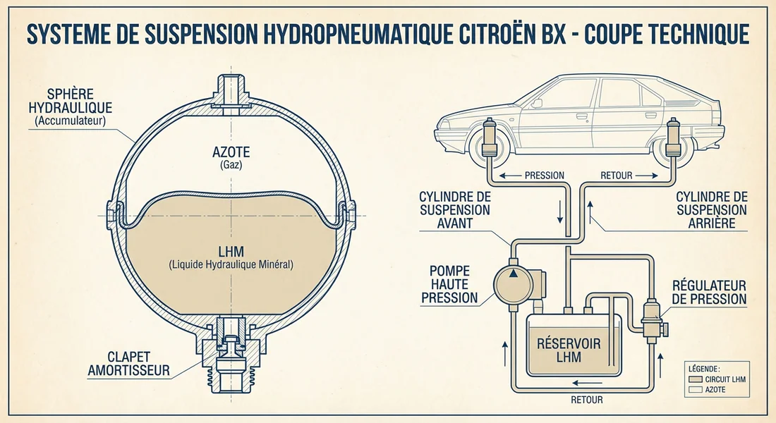 Schéma technique de la suspension hydropneumatique Citroën.