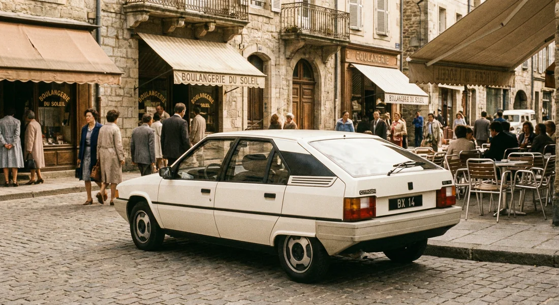 Une Citroën BX 14 blanche garée dans une rue française typique des années 80.