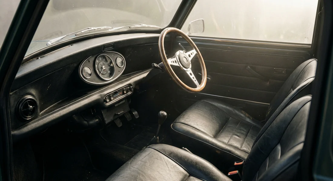Intérieur classique d'une Mini Cooper 1300 S avec volant en bois
