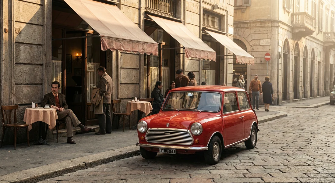 Mini Cooper 1300 S Innocenti devant un café italien vintage