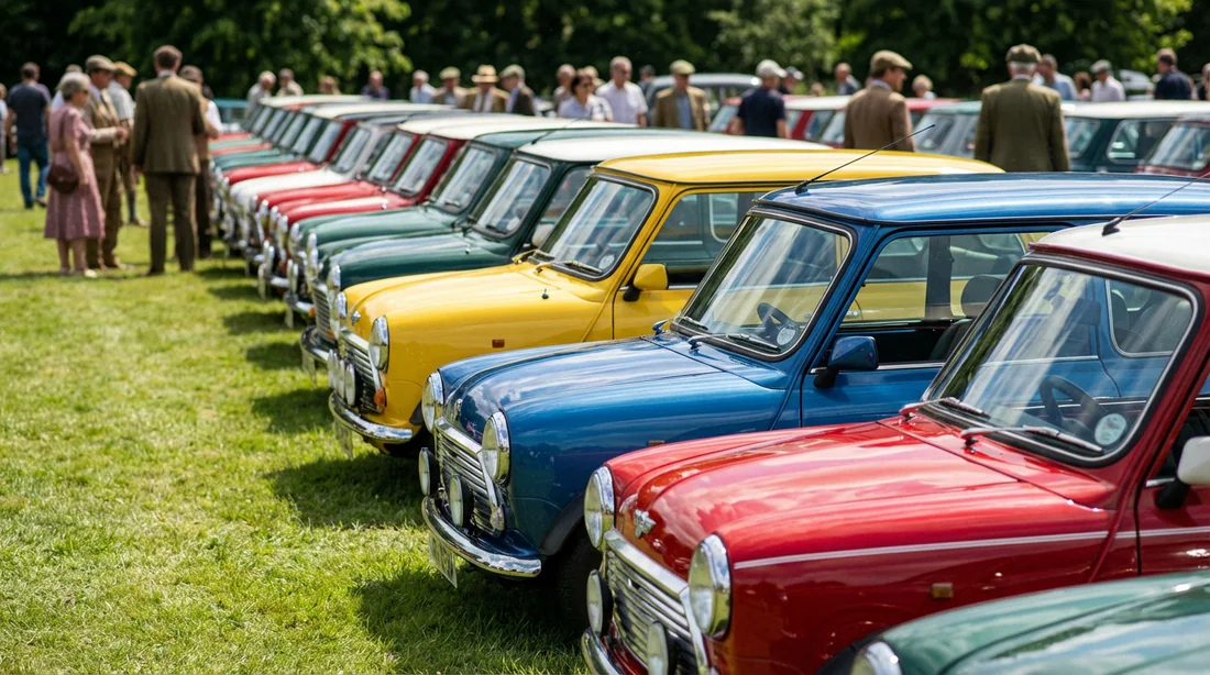 Rassemblement de Mini Cooper de collection lors d'un événement automobile