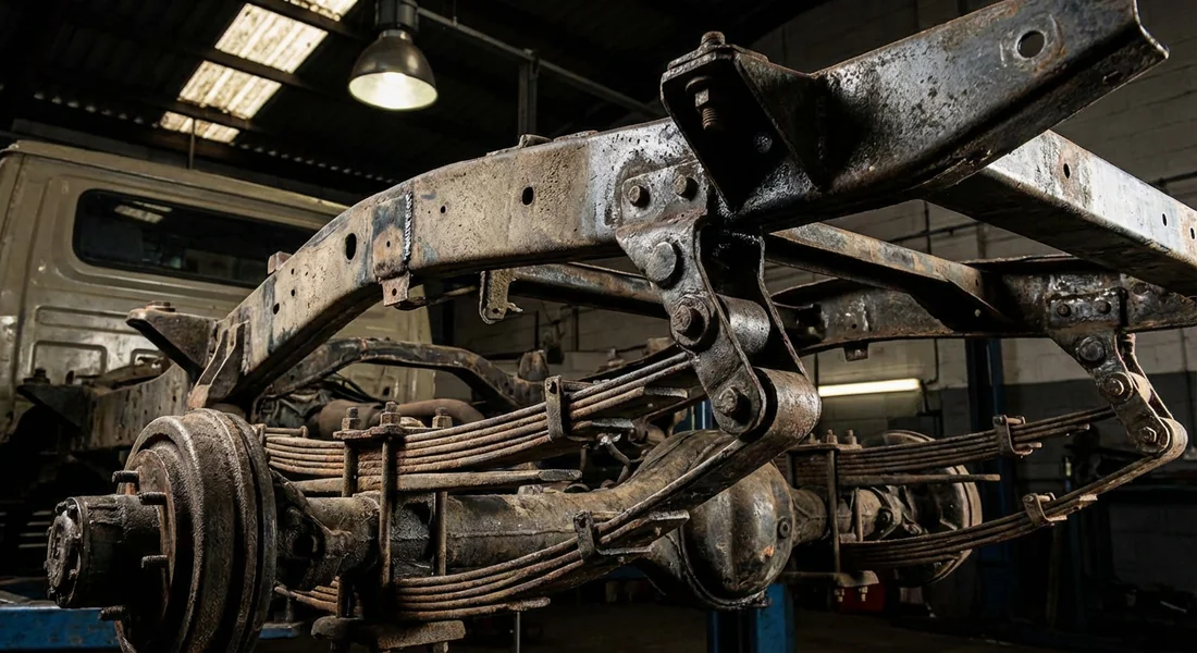 Détail du châssis robuste et de la suspension du Toyota BJ75