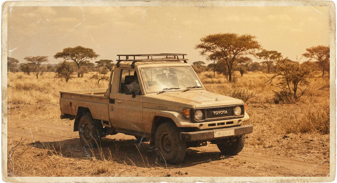 Photo historique d'un Toyota BJ75 dans la savane
