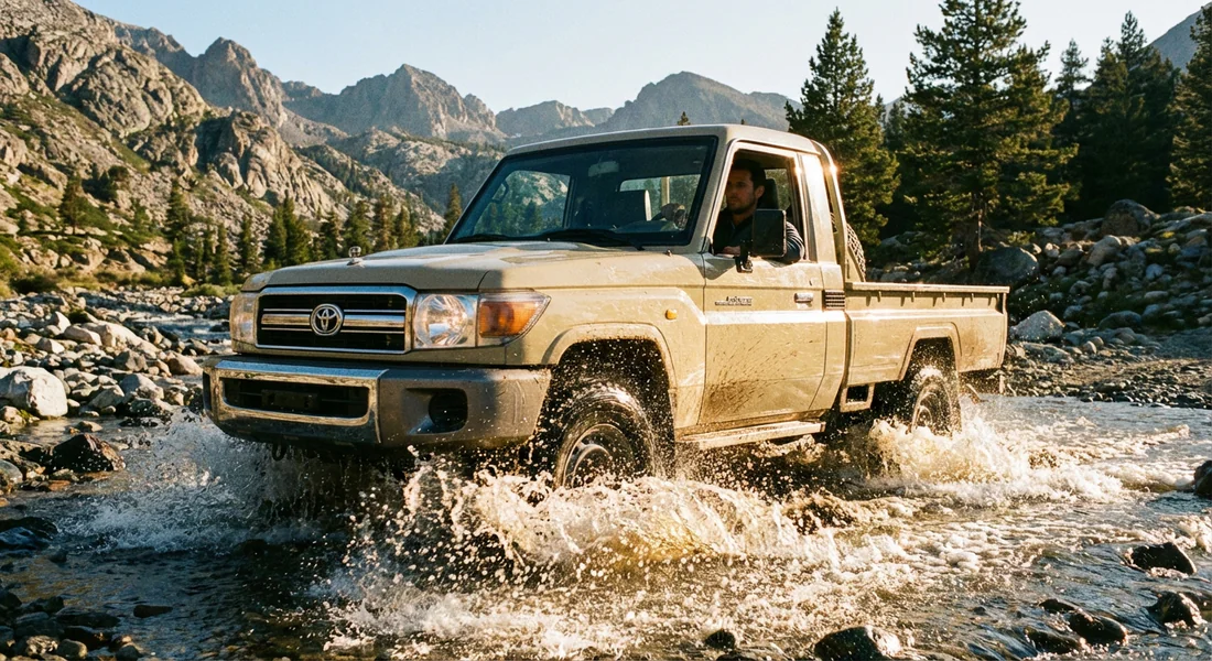 Toyota BJ75 franchissant un gué dans un paysage montagneux