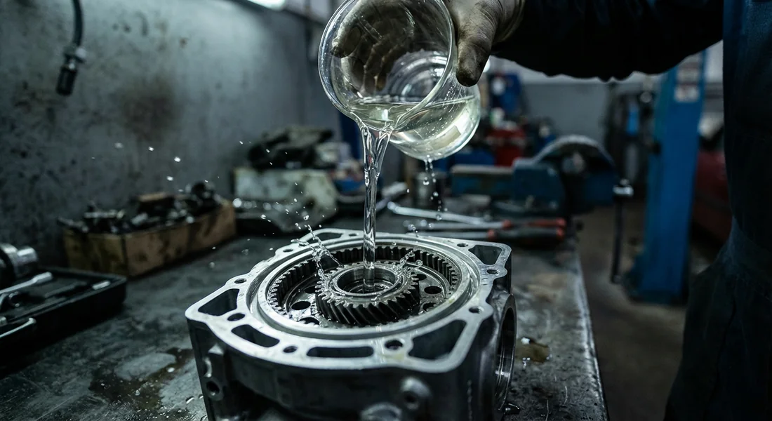 Action de verser du liquide nettoyant dans un filtre à particules métallique.