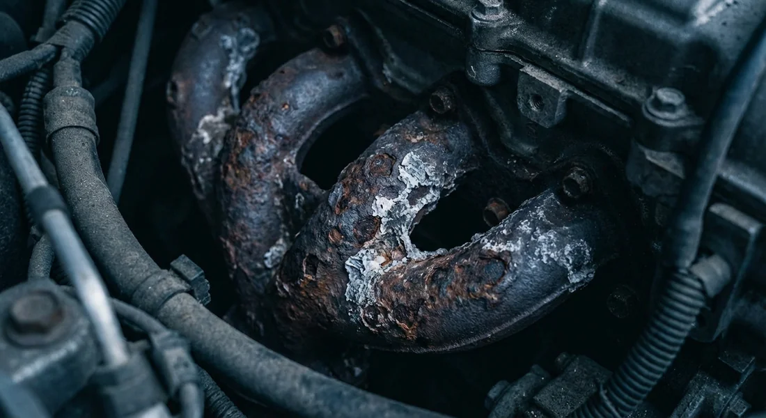 Gros plan sur la corrosion acide et les résidus chimiques à l'intérieur d'un moteur.