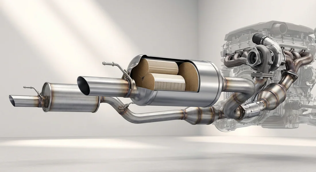 Schéma réaliste montrant l'emplacement du filtre à particules sur une ligne d'échappement.