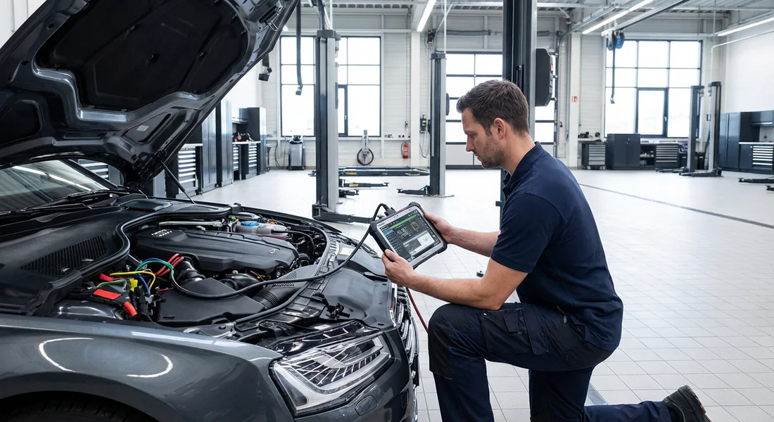 Technicien effectuant un diagnostic électronique du système antipollution d'un véhicule.