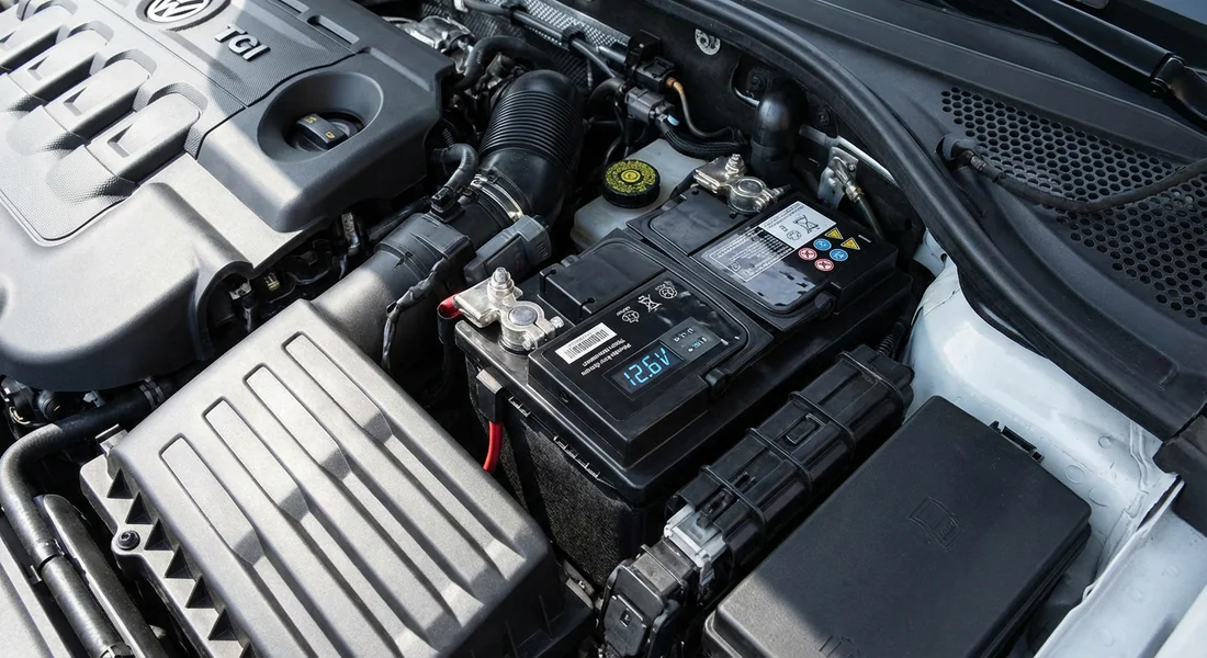 Batterie de voiture Volkswagen en bon état pour éviter les bugs électroniques.