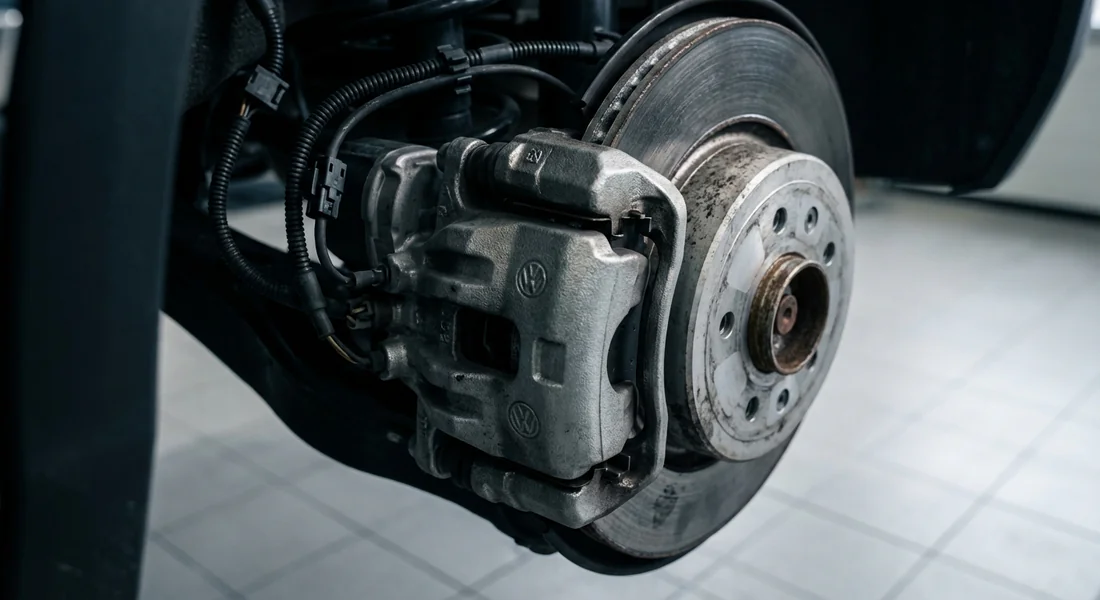 Moteur électrique du frein de stationnement sur l'essieu arrière d'un VW Tiguan.