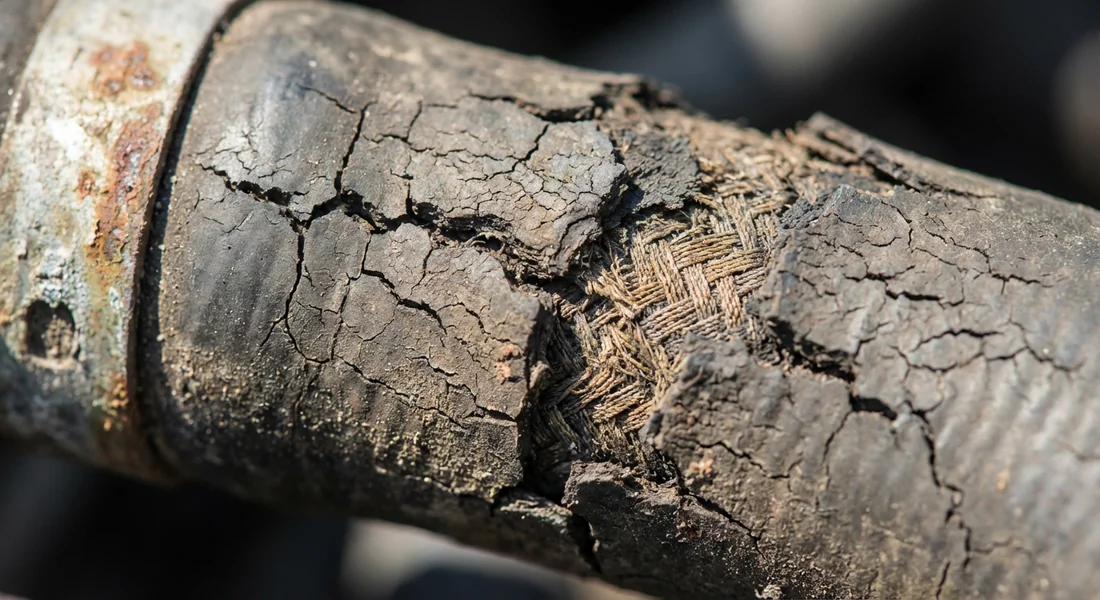 Détails de craquelures et d'usure sur une durite en caoutchouc.