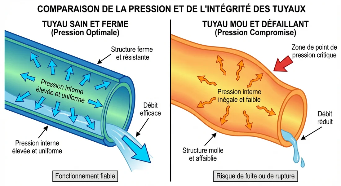 Schéma comparatif d'une durite en bon état et d'une durite usée.