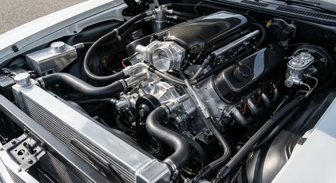 Vue du système de refroidissement moteur et de ses durites.