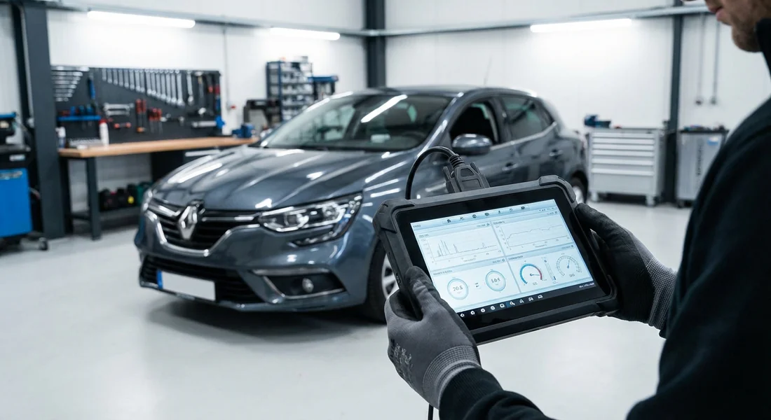 Mecanicien effectuant un diagnostic électronique sur une Mégane 4