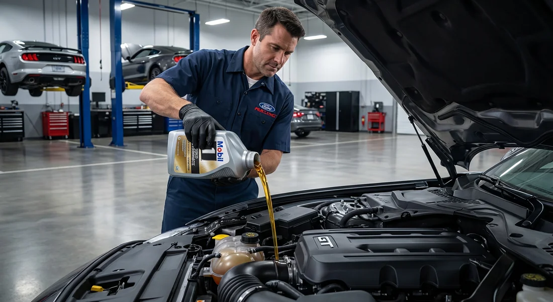 Mécanicien effectuant la vidange d'un moteur Ford Puma Flexifuel