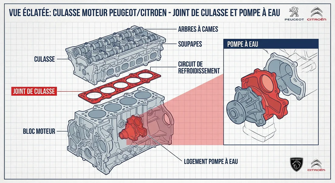 Infographie des points de vigilance : joint de culasse et pompe à eau sur moteur TU.