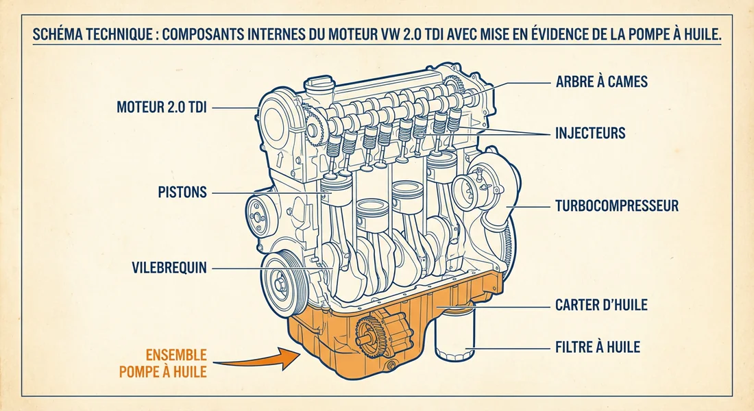 Schéma des composants du moteur 2.0 TDI et de sa pompe à huile.