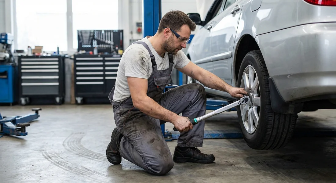 Mécanicien professionnel réparant un moyeu de roue bloqué.